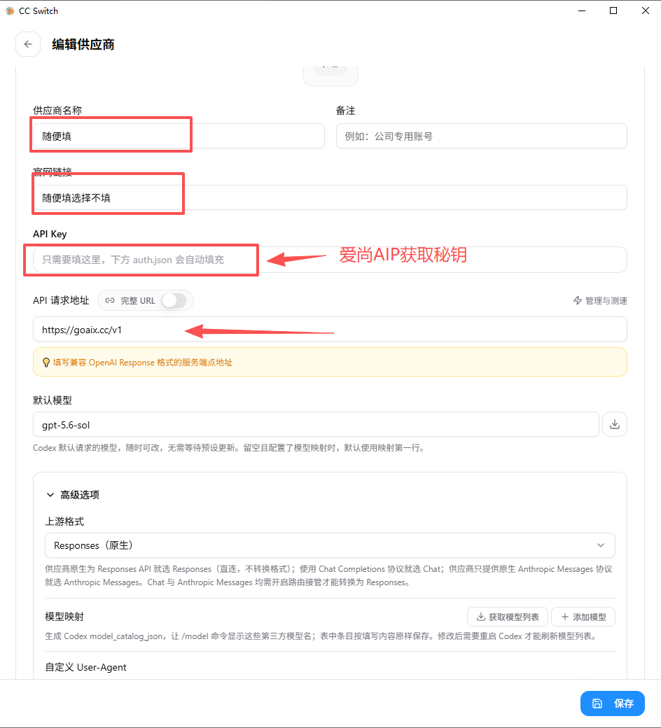 CC Switch 编辑供应商参数界面